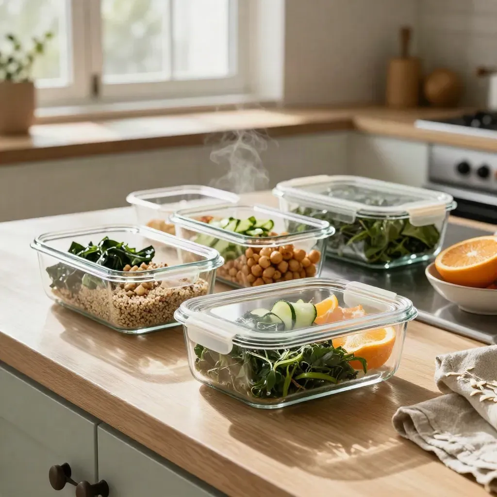 Glass meal prep containers with greens, grains, and citrus lined up in a bright kitchen.