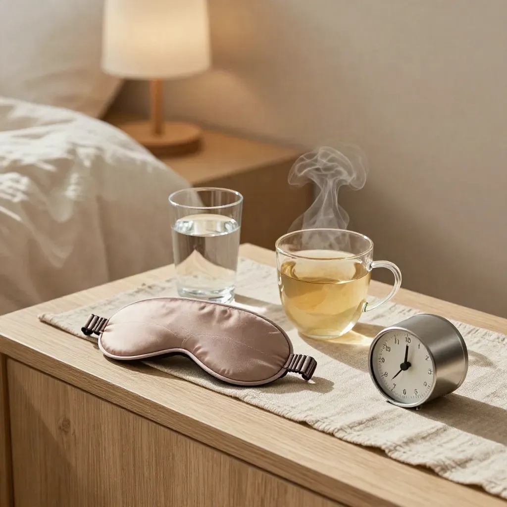 Sleep mask, herbal tea, water glass and timer arranged in a calm bedroom nook for wellness assessment.