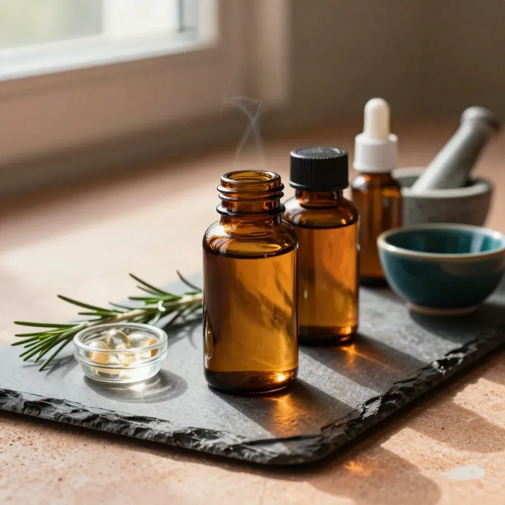 Amber supplement bottles with mortar, pestle, capsule dish, rosemary, on slate