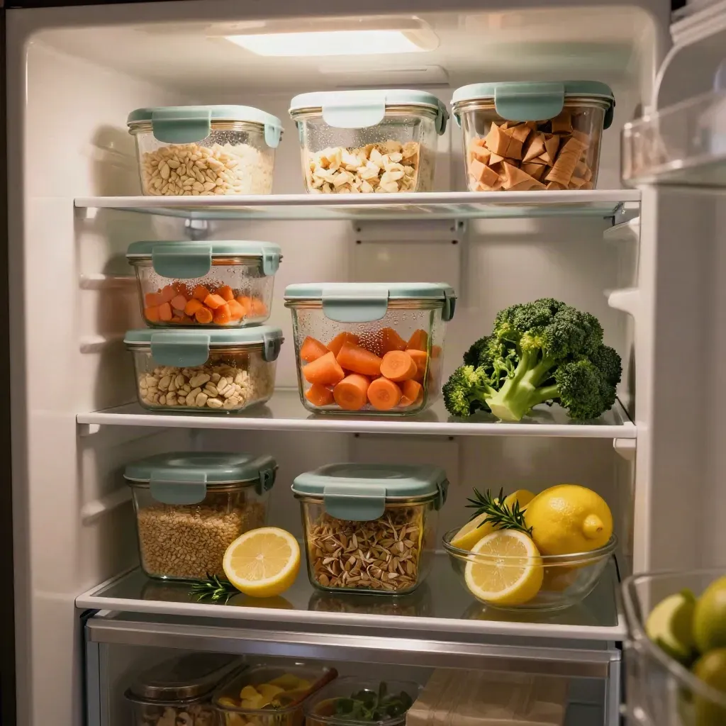 Open fridge shelf with meal-prep containers, chopped produce, and ready dinners in a cozy kitchen.
