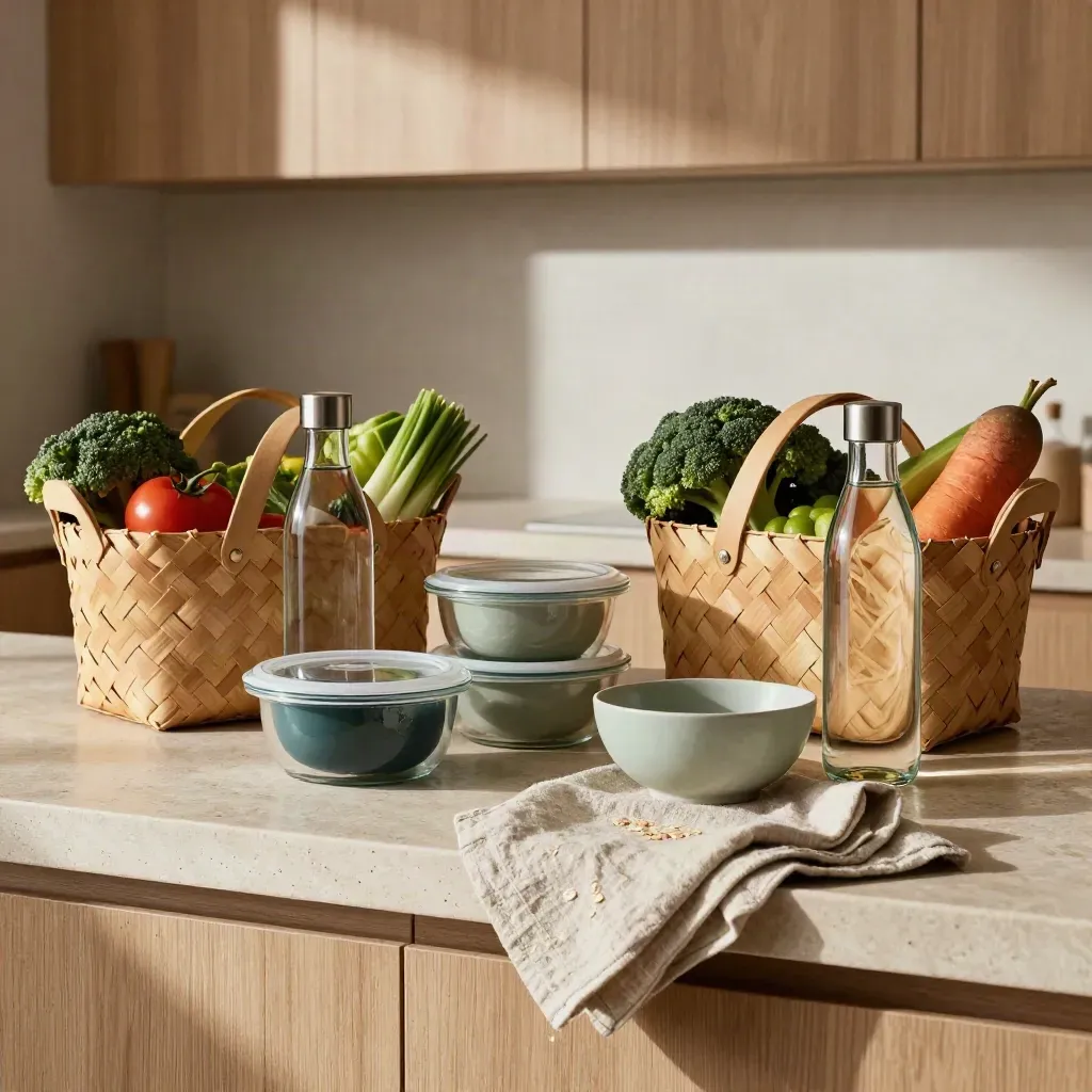 Two grocery baskets, water bottles and meal-prep containers on a bright stone kitchen counter.