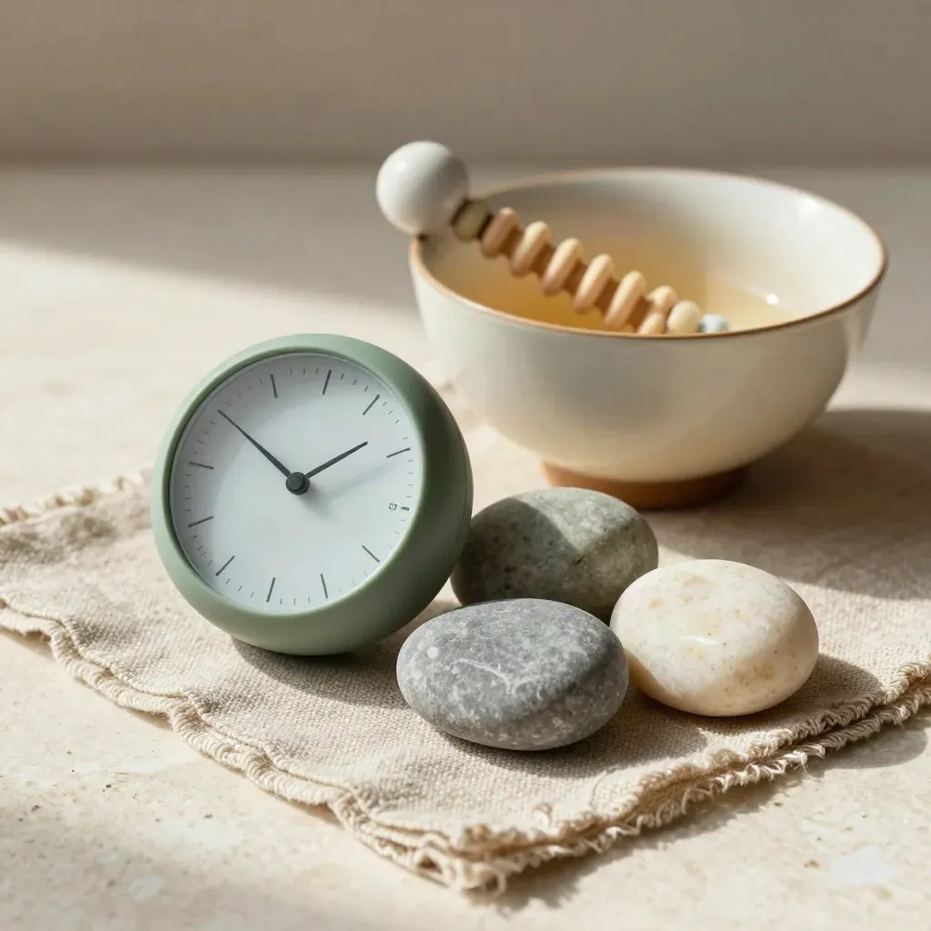 Macro still life of wellness tools: breathing timer, acupressure roller, tea bowl and worry stones on linen.