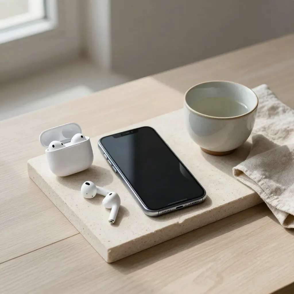 Top-down wellness booking still life: phone, earbuds, cup and tray on pale wood with soft daylight.