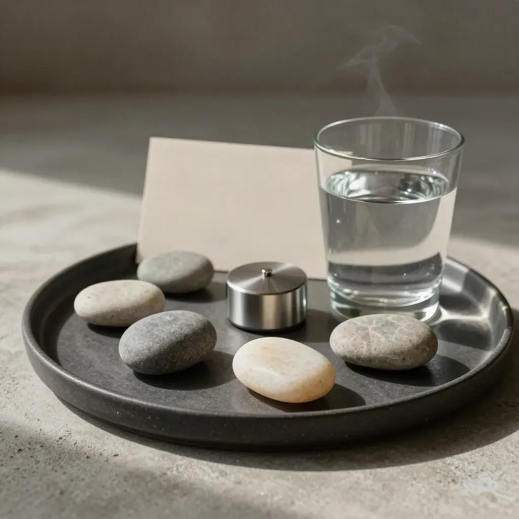 Seven stones, timer, and water glass on a matte tray with soft side light.