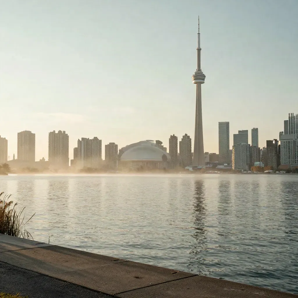 Toronto skyline with CN Tower above calm harbor water in dawn haze