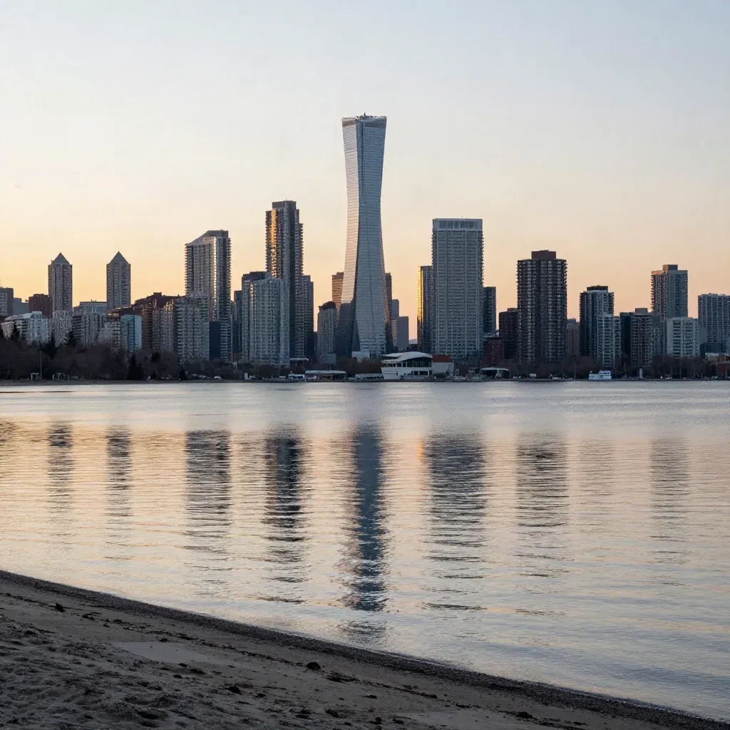 Mississauga skyline glowing above still lakeside water at golden hour.