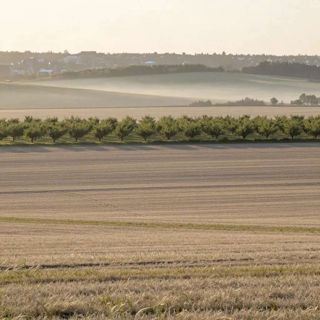 Misty York Region fields and orchard rows under a soft morning sky, town edge far in the distance.